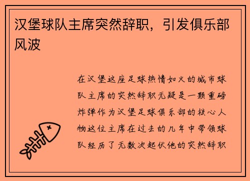汉堡球队主席突然辞职，引发俱乐部风波