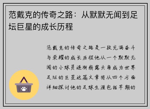 范戴克的传奇之路：从默默无闻到足坛巨星的成长历程