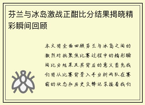 芬兰与冰岛激战正酣比分结果揭晓精彩瞬间回顾