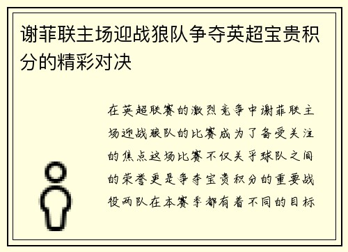 谢菲联主场迎战狼队争夺英超宝贵积分的精彩对决