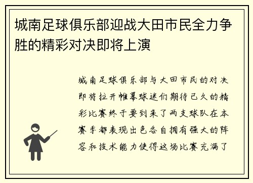 城南足球俱乐部迎战大田市民全力争胜的精彩对决即将上演