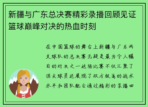 新疆与广东总决赛精彩录播回顾见证篮球巅峰对决的热血时刻