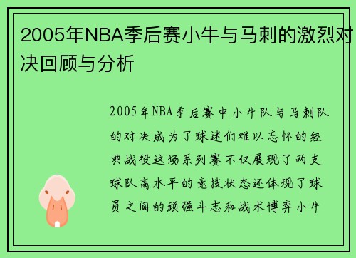 2005年NBA季后赛小牛与马刺的激烈对决回顾与分析