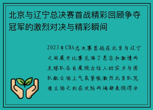 北京与辽宁总决赛首战精彩回顾争夺冠军的激烈对决与精彩瞬间