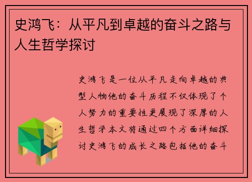 史鸿飞：从平凡到卓越的奋斗之路与人生哲学探讨