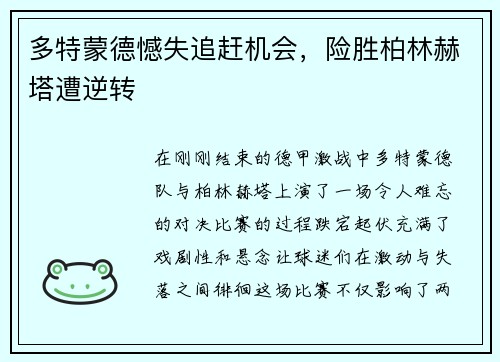 多特蒙德憾失追赶机会，险胜柏林赫塔遭逆转