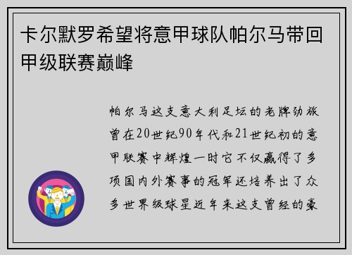 卡尔默罗希望将意甲球队帕尔马带回甲级联赛巅峰