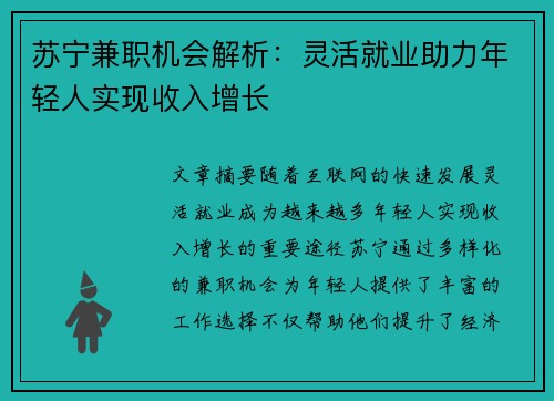 苏宁兼职机会解析：灵活就业助力年轻人实现收入增长