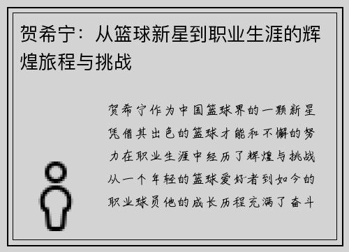 贺希宁：从篮球新星到职业生涯的辉煌旅程与挑战