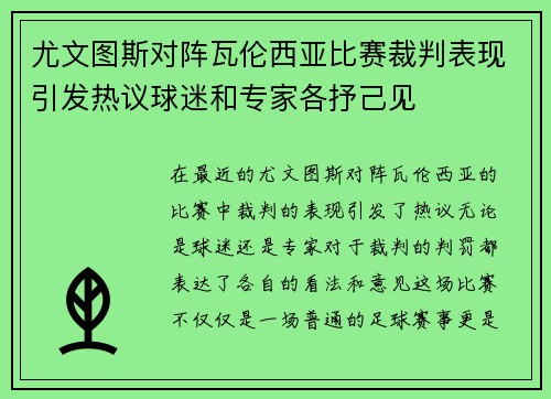 尤文图斯对阵瓦伦西亚比赛裁判表现引发热议球迷和专家各抒己见