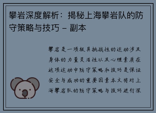 攀岩深度解析：揭秘上海攀岩队的防守策略与技巧 - 副本