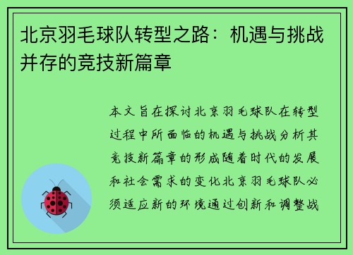 北京羽毛球队转型之路：机遇与挑战并存的竞技新篇章