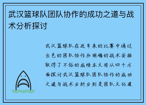 武汉篮球队团队协作的成功之道与战术分析探讨